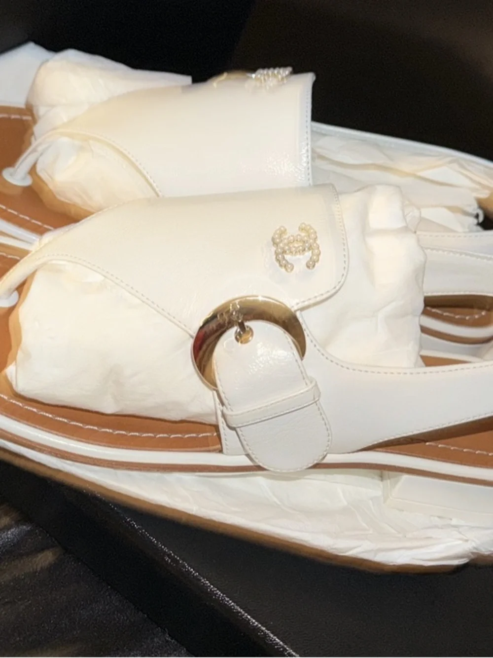 CHANEL White Leather Slingback Thong Sandals with Gold CC